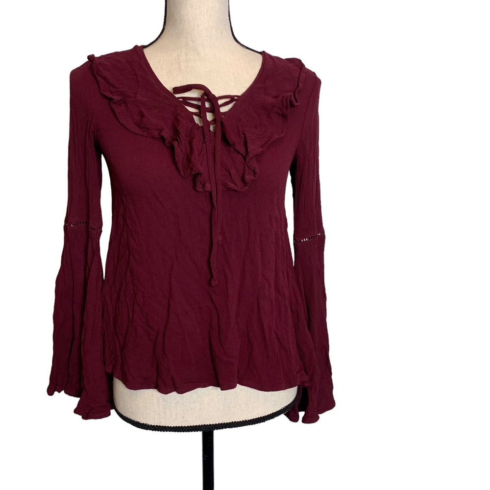 Others Follow Blouse Womens XS Burgundy Ruffle Collar Lace Up Bell Sleeve